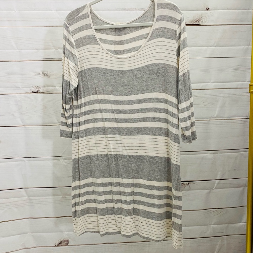 Gray and white striped dress with 3/4 sleeves